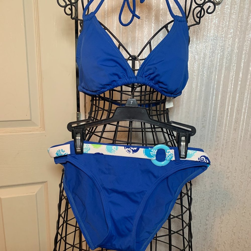 WOMENS - sz 5/6 MALIBU DREAM GIRLS JUNIOR string bikini blue, white belted